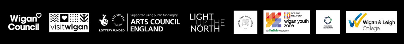 Logos of Wigan Council, Visit Wigan and Arts Council. Light Up The North, Arts Council, Things That Go On Things, Wigan Youth Zone, Friend of Mesnes Park, Wigan and Leigh College.